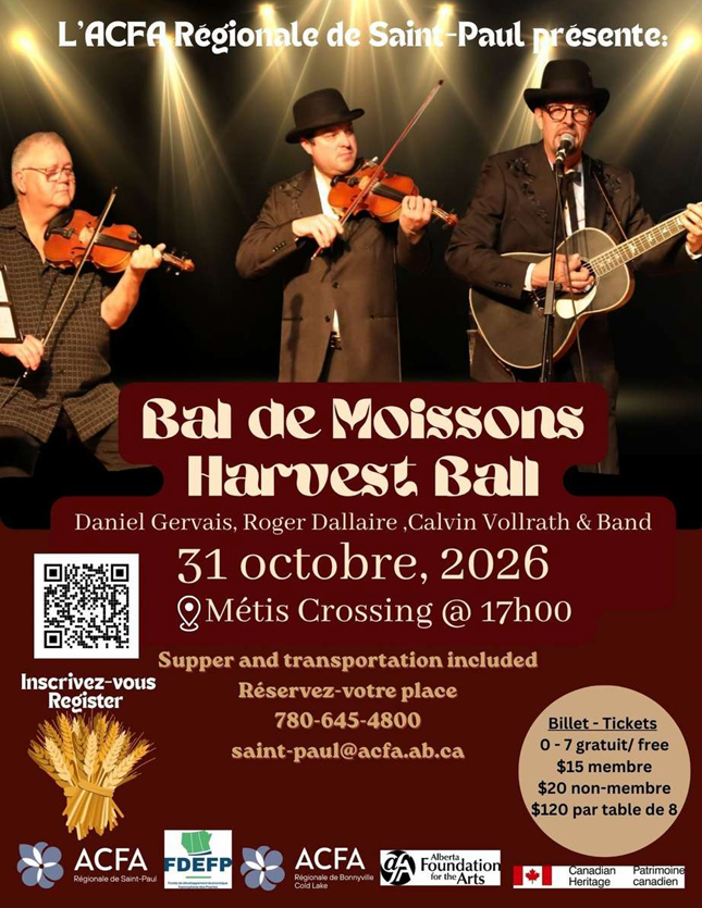 ACFA Regionale de Saint-Paul event poster for Bal de Moissons Harvest Ball on October 31, 2026, in Smoky Lake, Alberta