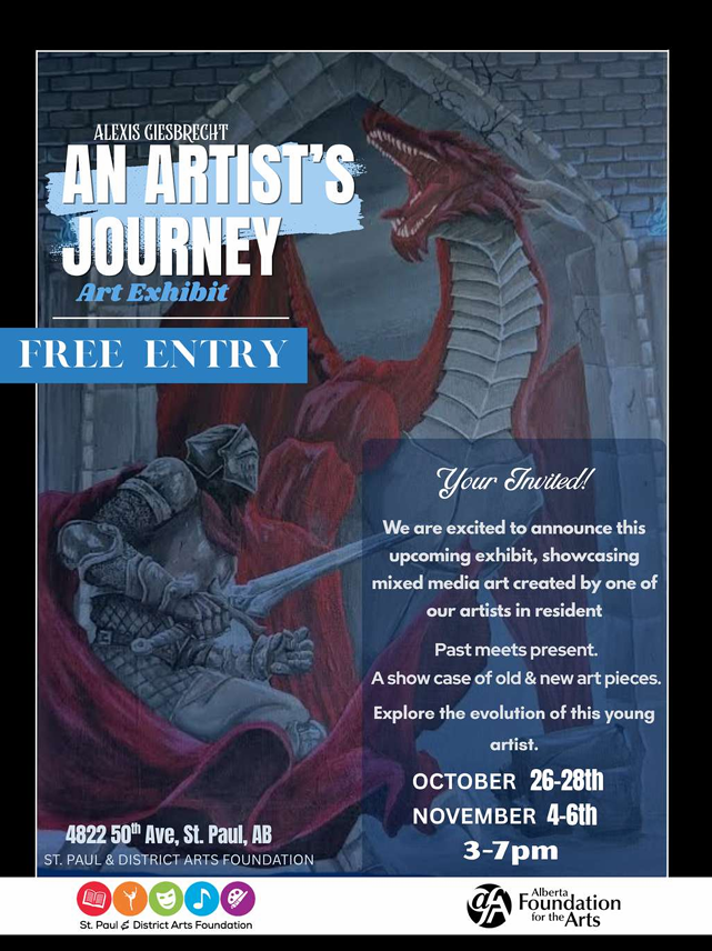 St. Paul & District Arts Foundation event poster for An Artist's Journey Art Exhibit from October 26-28 and November 4-6, 2026