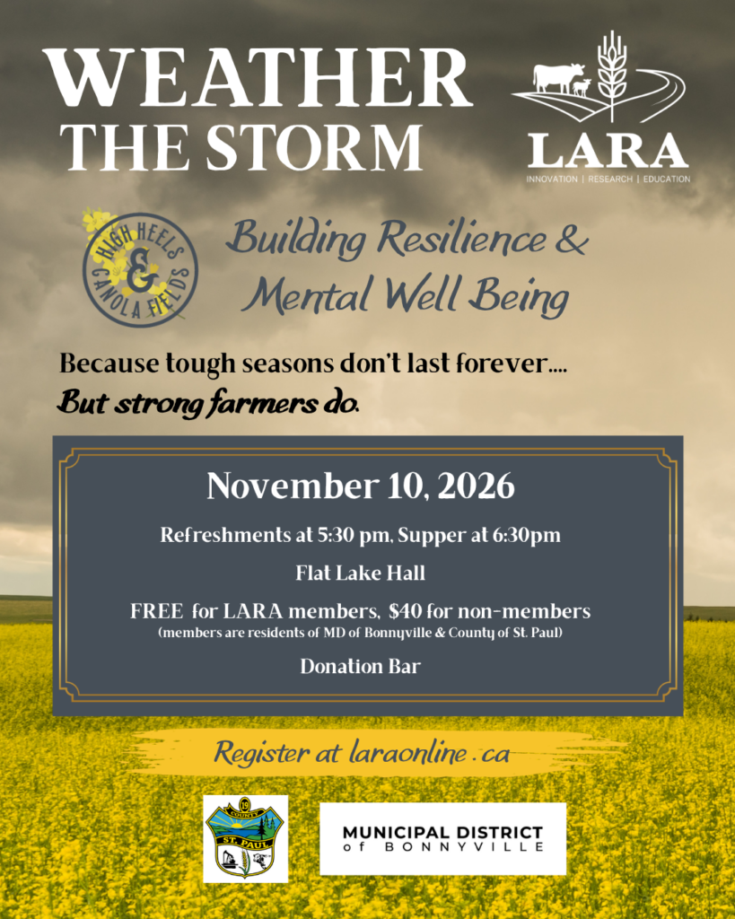 Lakeland Agricultural Research Association event poster for Weather the Storm at Flat Lake Hall on November 10, 2026