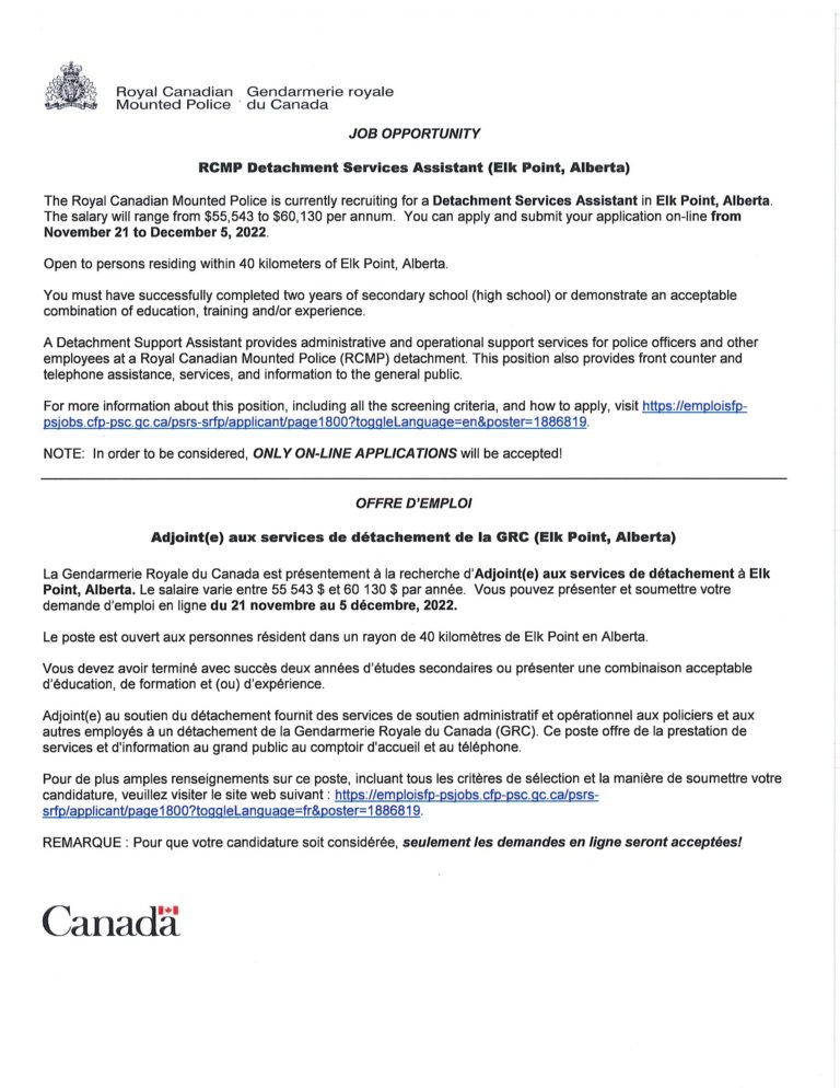 Job Opportunity RCMP Detachment Services Assistant (Elk Point, AB
