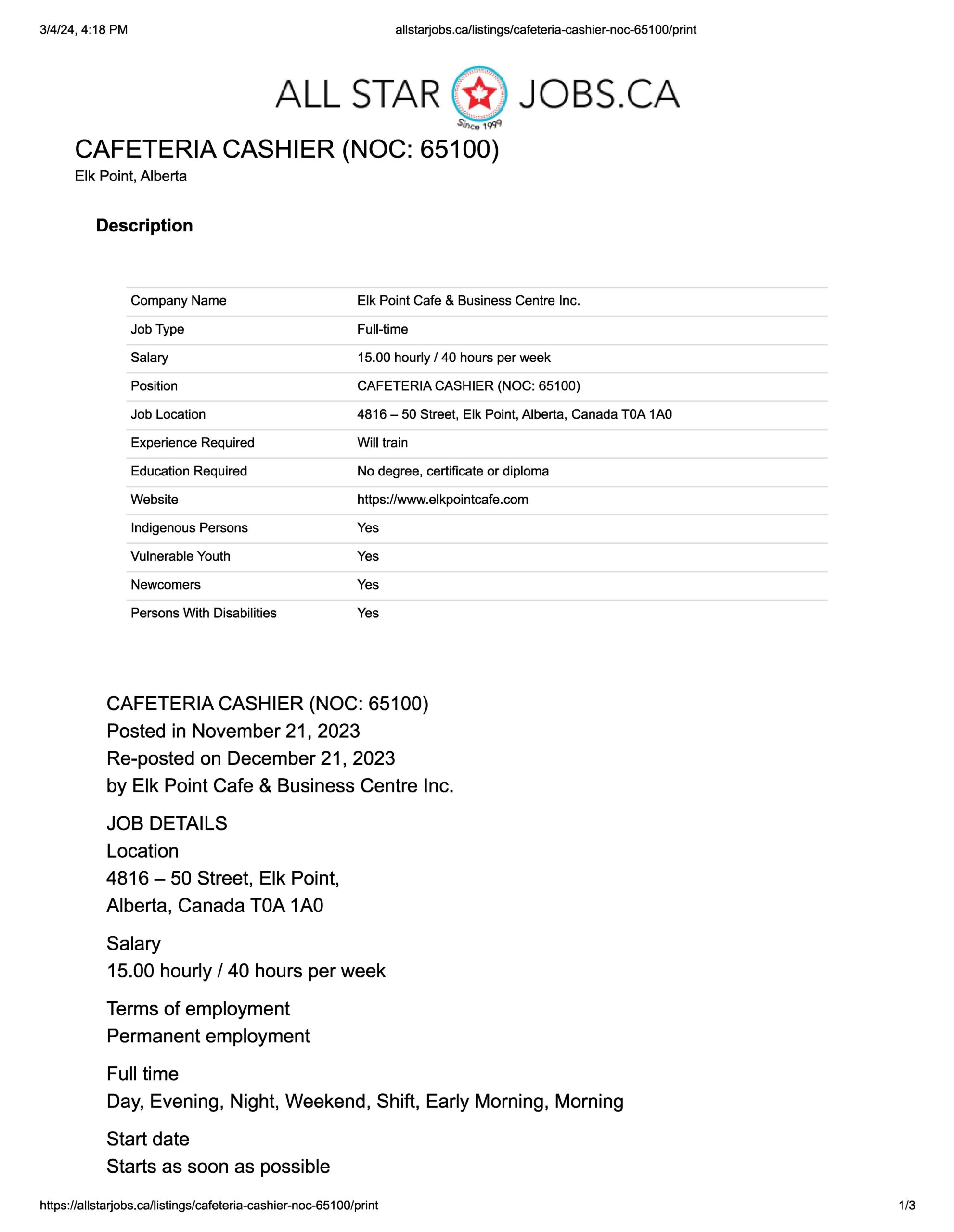 EMPLOYMENT OPPORTUNITY Elk Point Cafe & Business Centre Inc