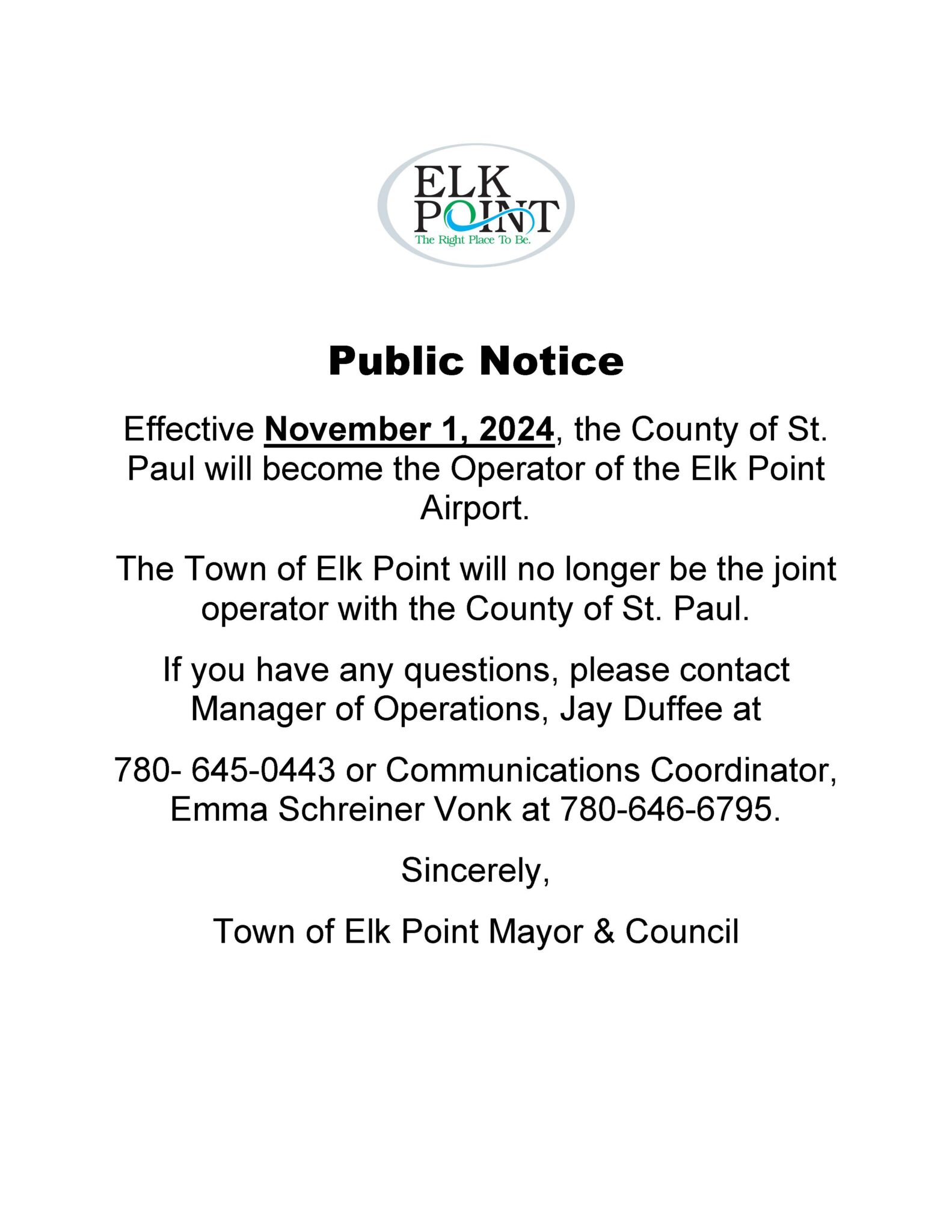 PUBLIC NOTICE AIRPORT TRANSITION Town of Elk Point