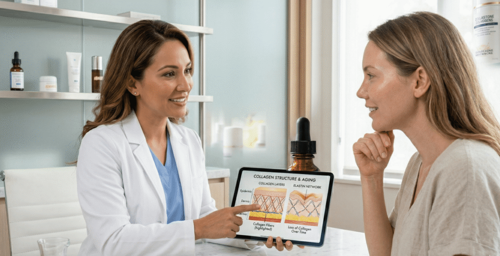 Medical professional explaining collagen structure to patient during skincare consultation