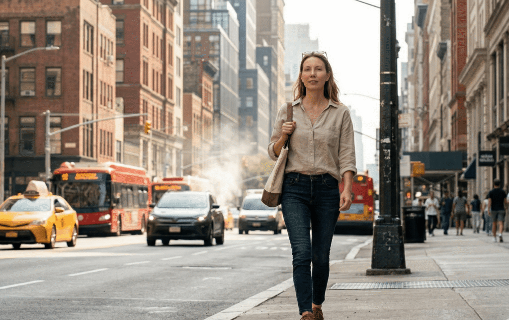 Woman walking in city exposed to sun and pollution affecting skin health