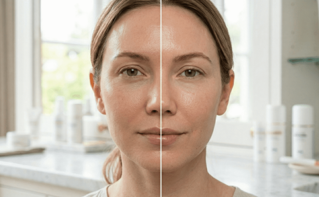 Comparison of uneven skin tone and brighter even complexion after vitamin C use