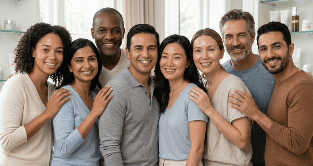Diverse group of adults with healthy skin representing different skin types and ages