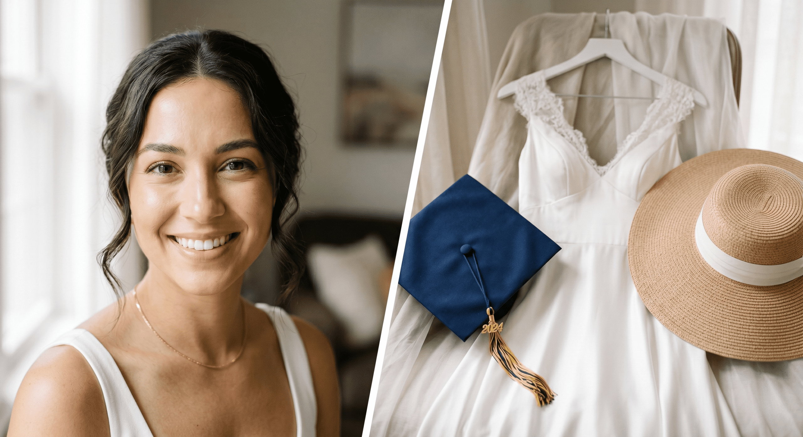 A glowing woman smiling next to a soft-focus wedding dress, representing the planning phase for aesthetic treatments before a big event.