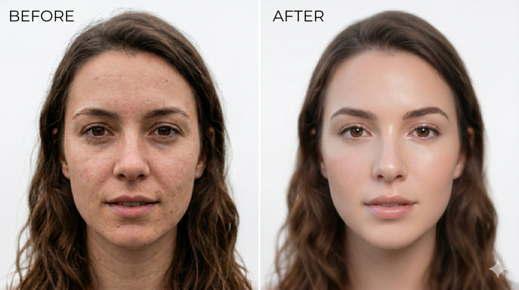 An unrealistic before and after of a woman with hyperpigmentation, dark spots, and lots of texture