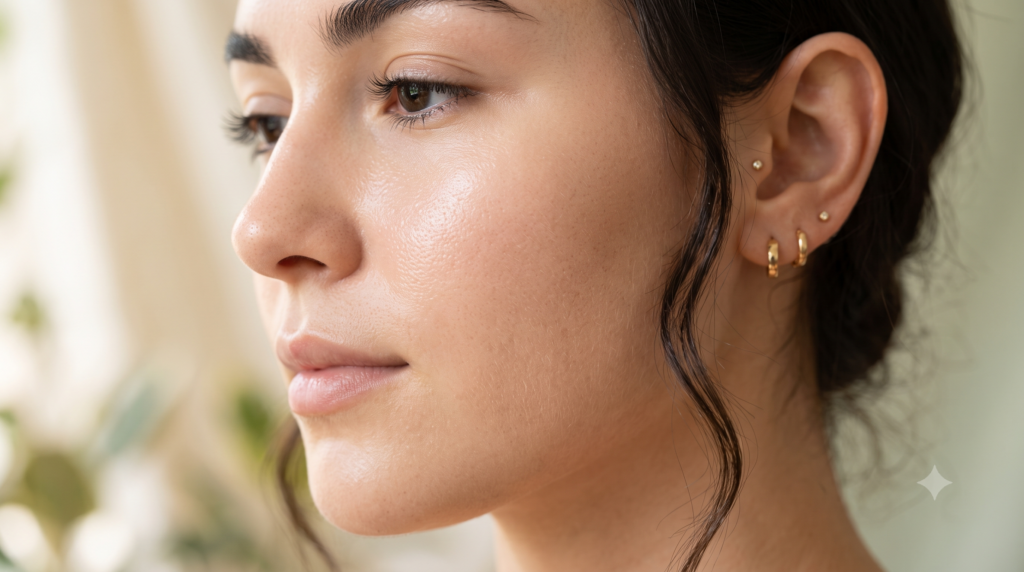 A close-up of calm, deeply hydrated, and radiant skin, showing the healthy results of skin barrier recovery and a simplified skincare routine.