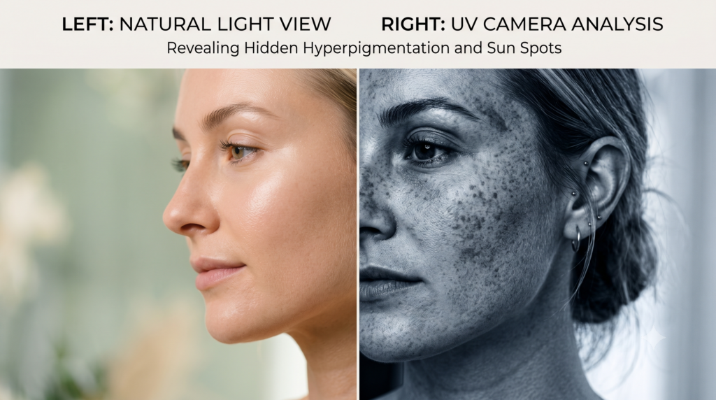 A conceptual split portrait comparing a face under normal daylight to a simulated UV camera view that exposes hidden hyperpigmentation and deep sun spots.