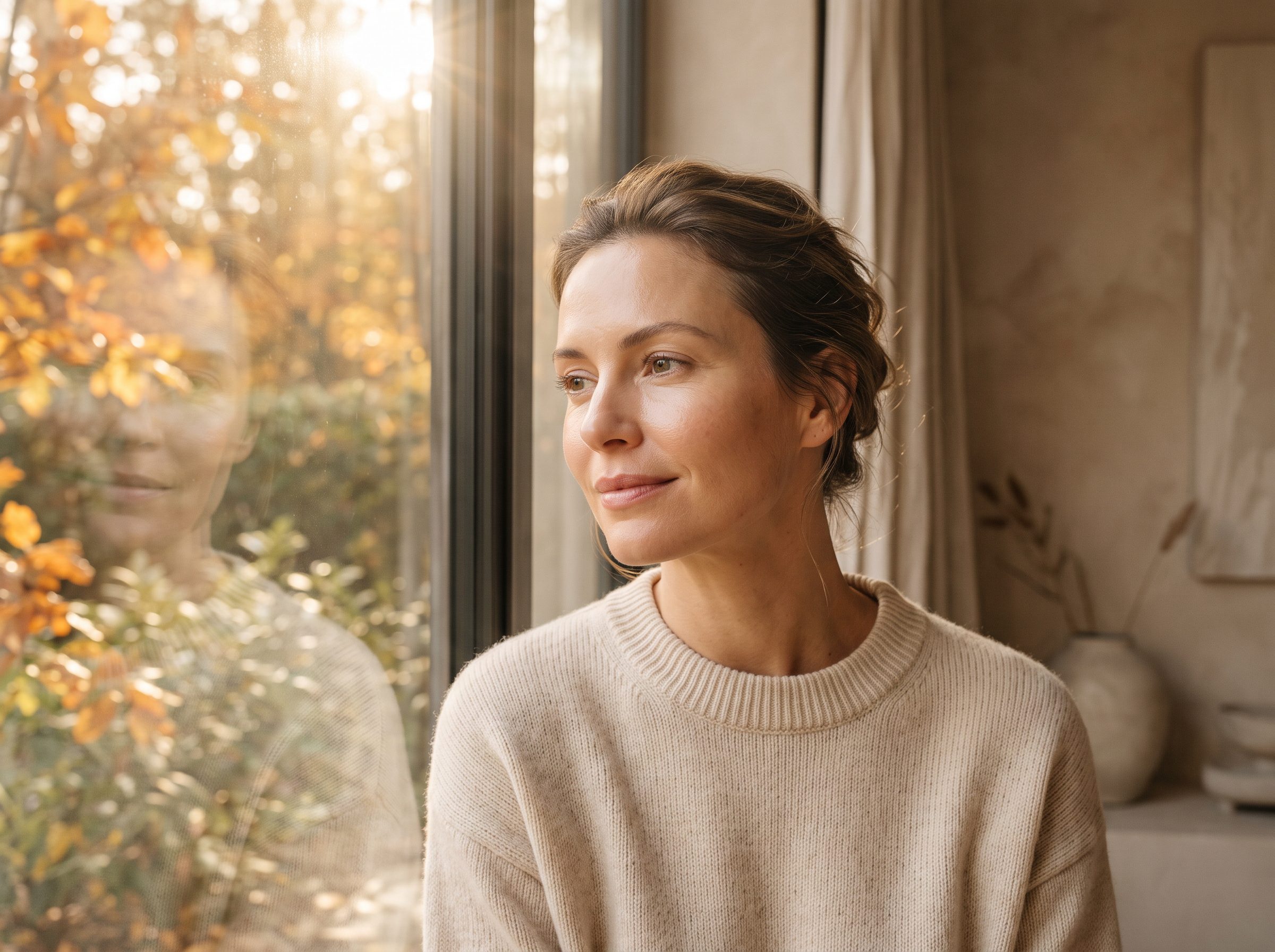 Woman enjoying radiant autumn skin bathed in warm golden fall sunlight near a window