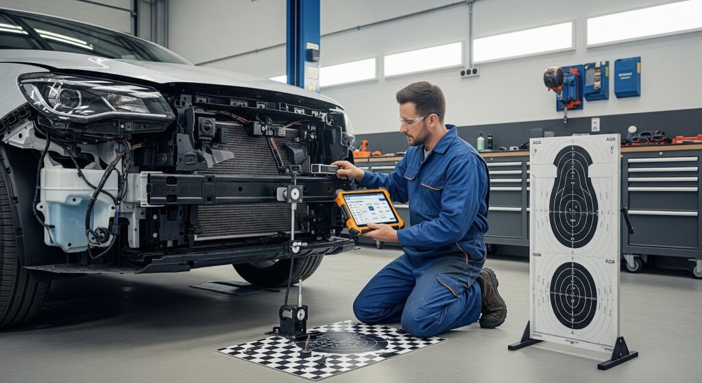 Technician calibrating ADAS sensors on a modern vehicle with the front bumper removed inside a professional collision repair shop.