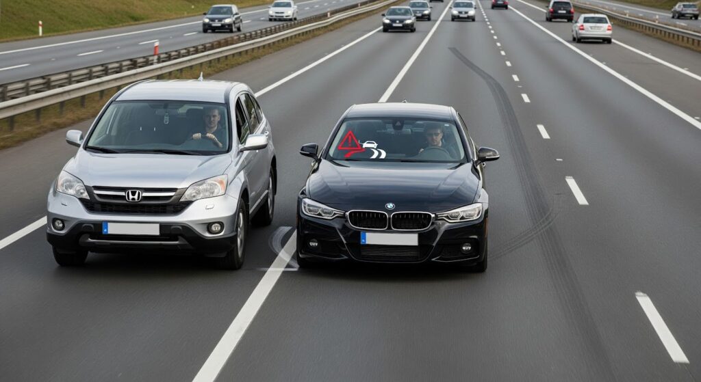 Car veering slightly out of its lane due to misaligned ADAS sensors, illustrating the danger of improper calibration.