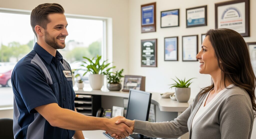 A happy customer getting a collision repair estimate in Bonnyville.