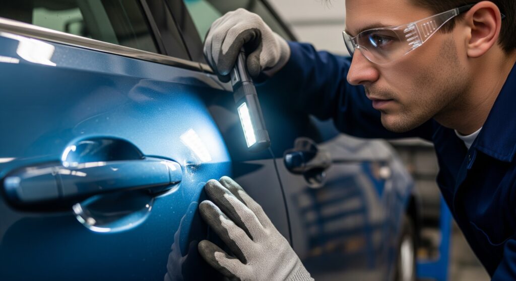A technician inspects a dent to see if car body damage repair or replace is needed.