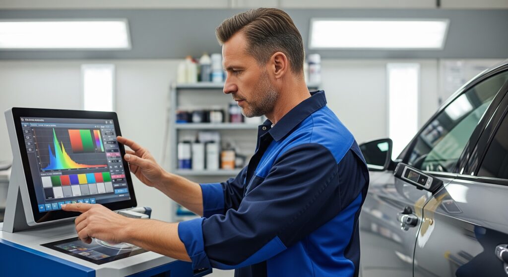 An auto body shop technician using advanced auto painting technology.