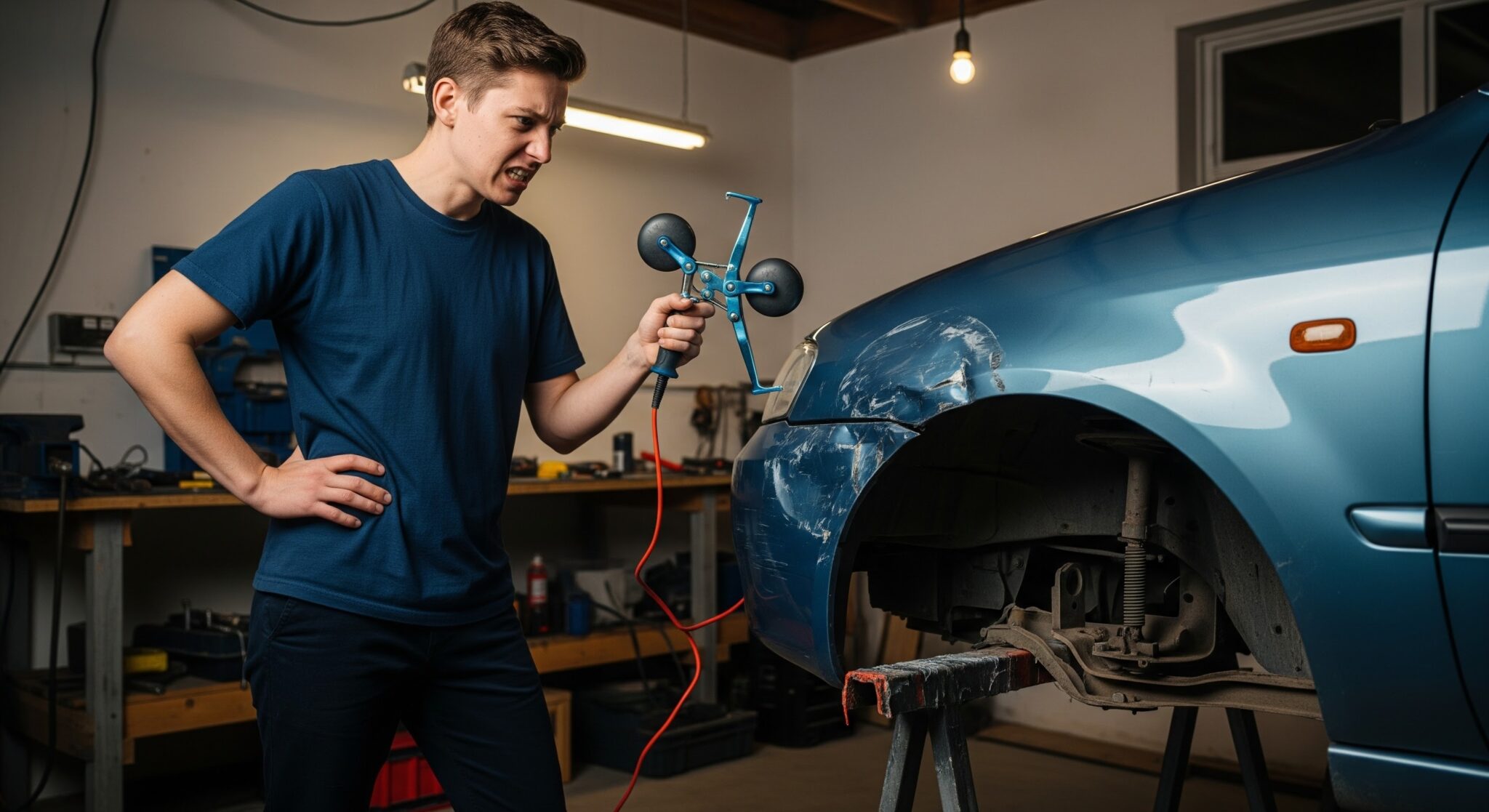 A frustrated person after a failed DIY auto body repair attempt.