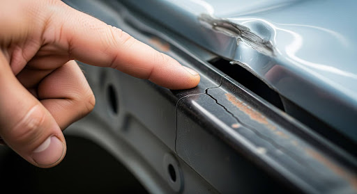A technician showing hidden damage from a collision, missed by DIY auto body repair.]