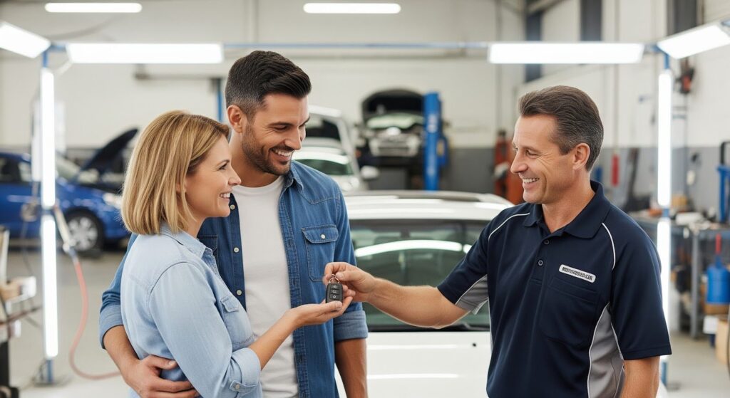 Happy customers in Bonnyville picking up their professionally repaired car.