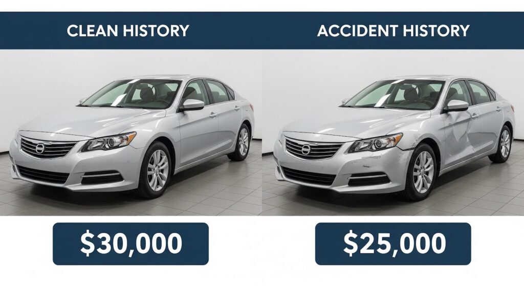 A graphic showing how diminished value lowers a car's resale value after an accident.