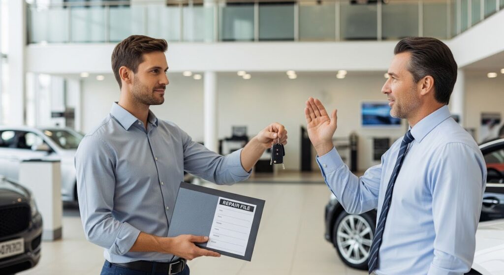 A confident driver trading in a car with a documented repair history, protecting its value.
