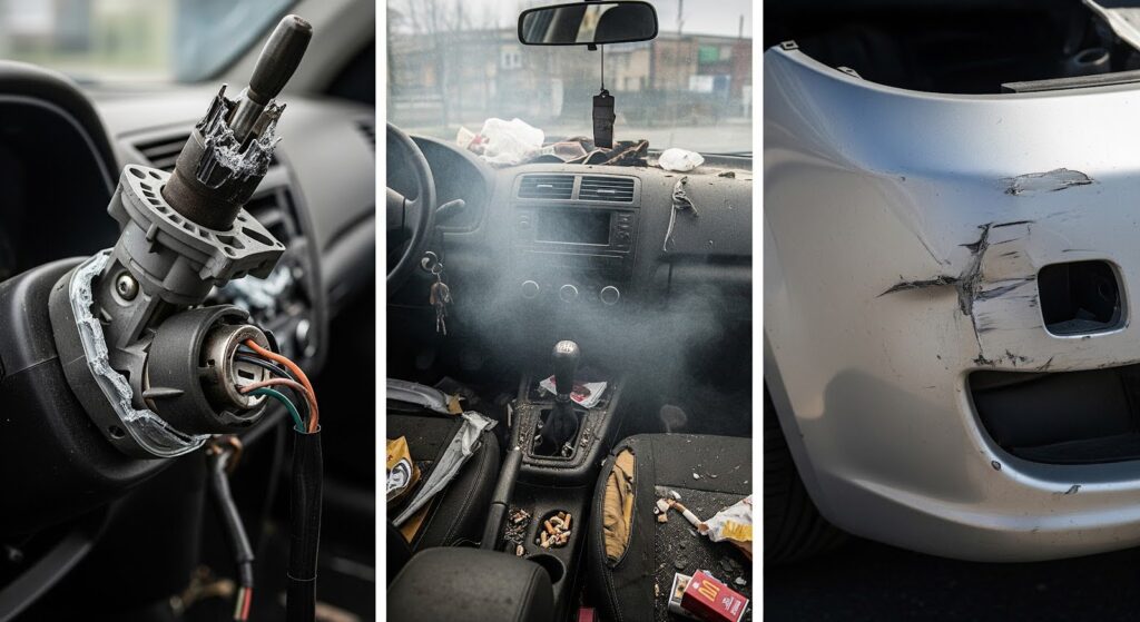 The three main types of post-theft car damage: mechanical, interior, and exterior.