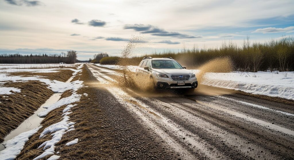 A car navigating potential gravel road car damage in Alberta this spring.