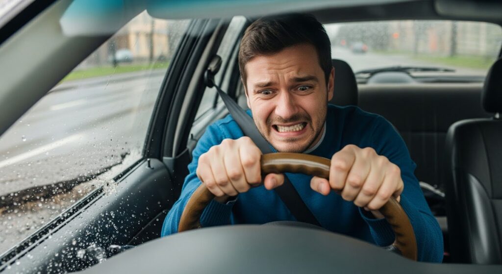 A driver in Bonnyville reacting to sudden pothole damage to his car.