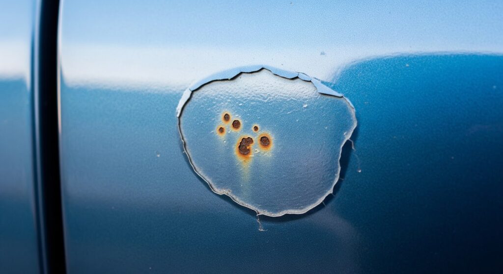 A close-up of a paint chip that needs professional paint chip repair before it rusts.