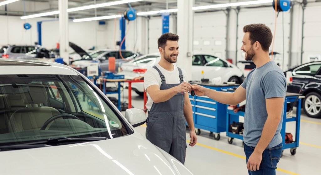 A customer receiving their fully repaired car from a trusted auto body shop in Cold Lake.