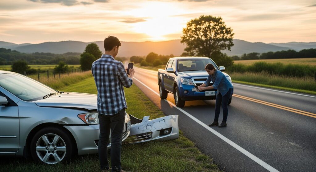  A driver documenting a car accident in Alberta for their insurance claim