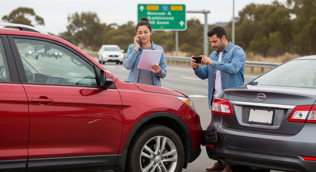 Two drivers calmly documenting a minor car accident on a suburban road, with vehicles pulled over and hazard lights flashing.