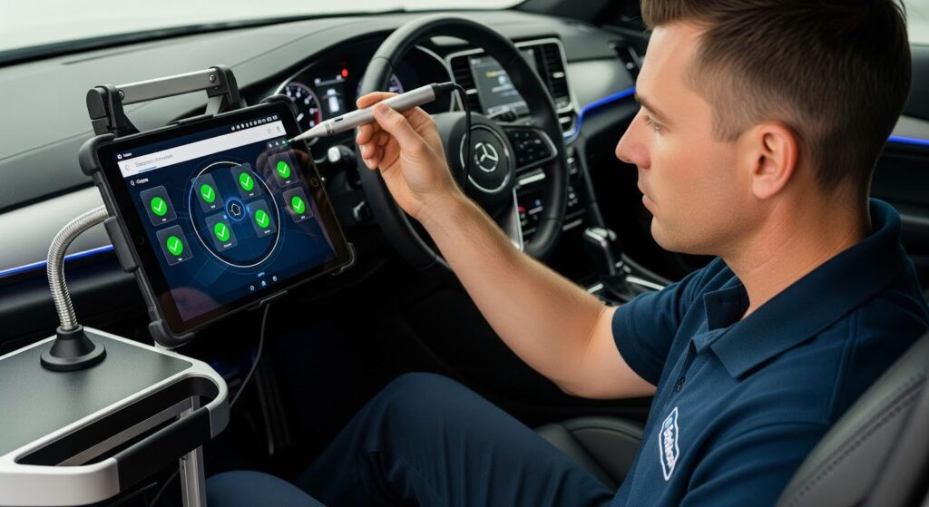 A technician running a post-scan after an ADAS calibration collision repair.