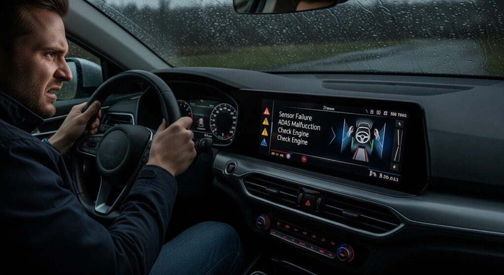A dashboard showing ADAS calibration sensor failure warnings after a bad collision repair.