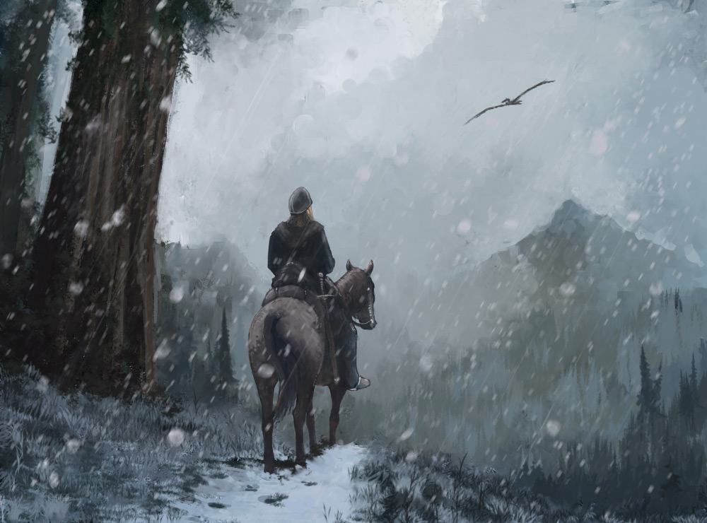 A lone rider on a snowy forest trail below the mountains of Openheim