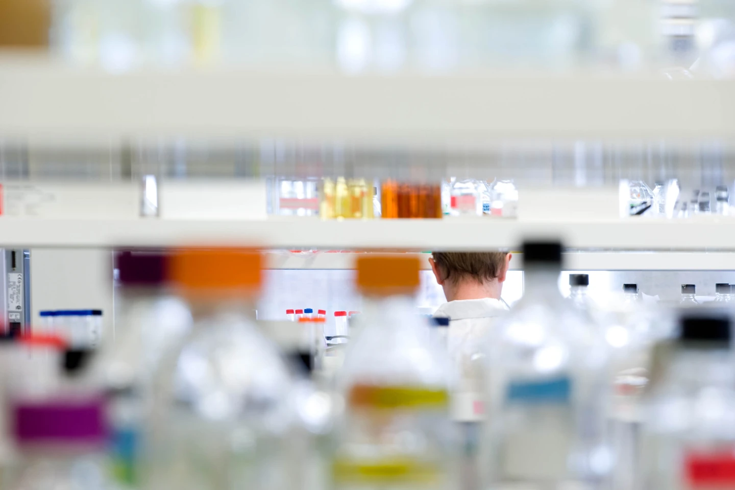 Intérieur du Complexe des sciences de la vie – Université McGill, vue sur des bouteilles