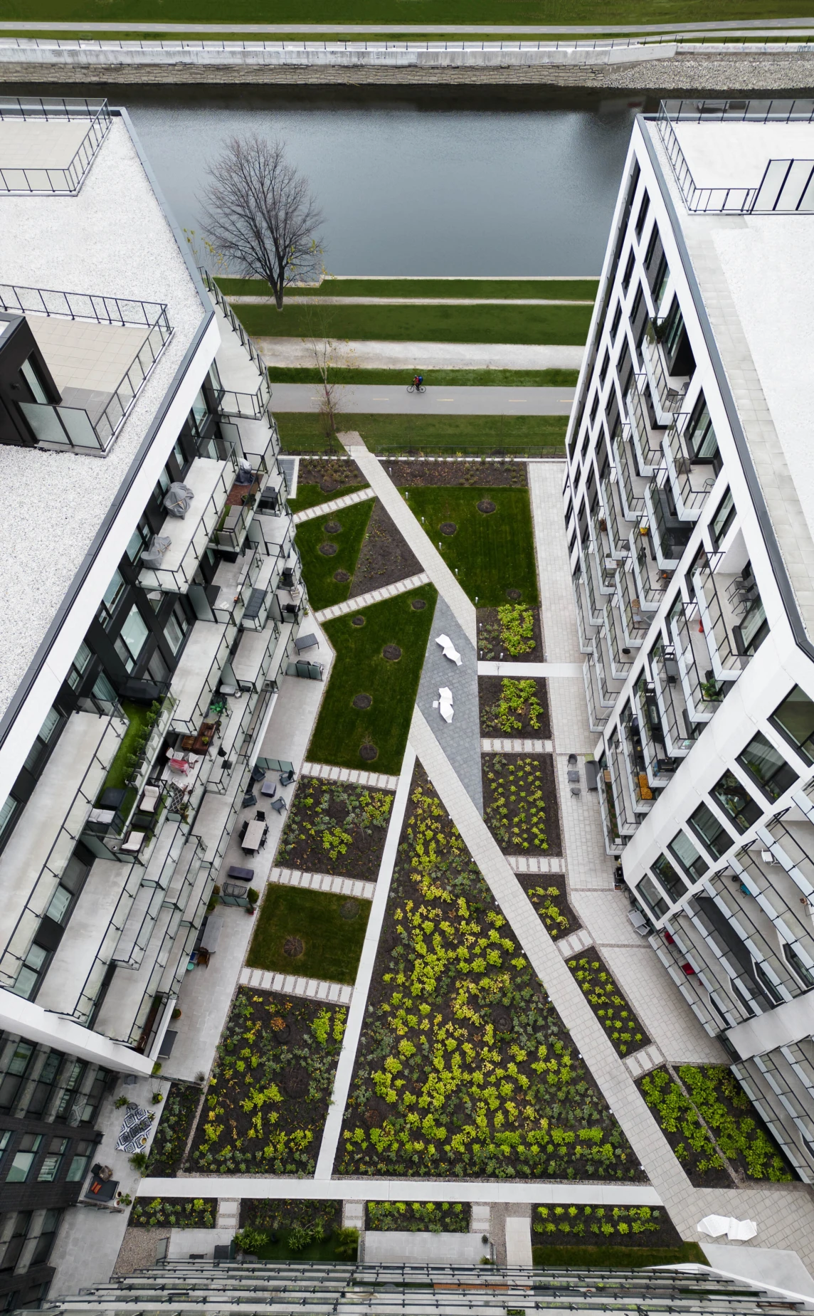 Vue de haut de la cour commune extérieure de NOCA en été