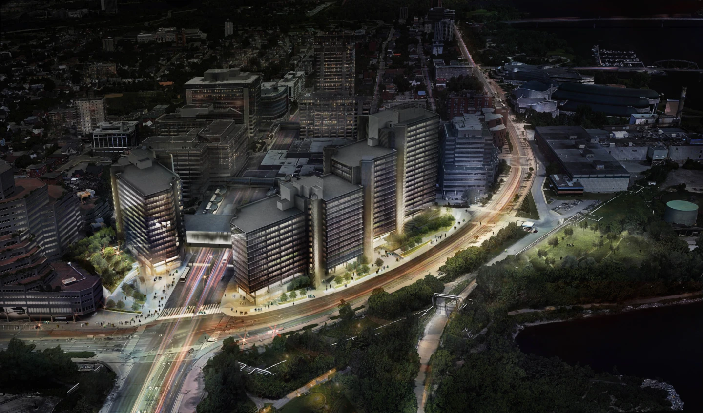 Vue aérienne de la Place du Portage III, la nuit