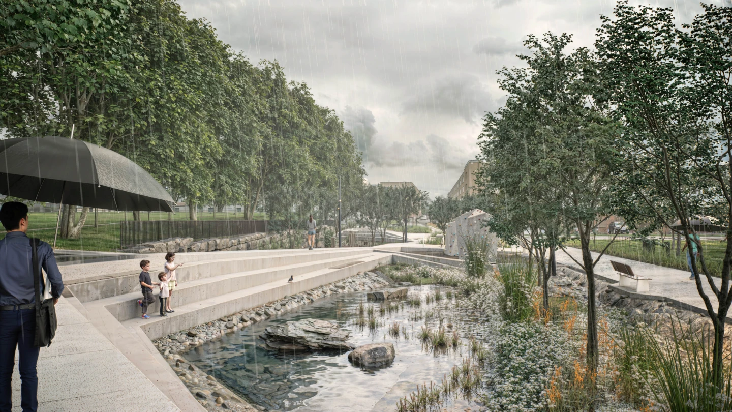Vue sur la Rue Larivière sous la pluie