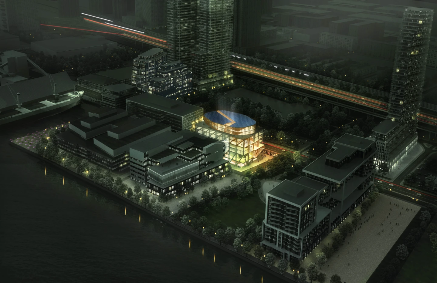 Vue aérienne de The Arbour – George Brown College, illuminé