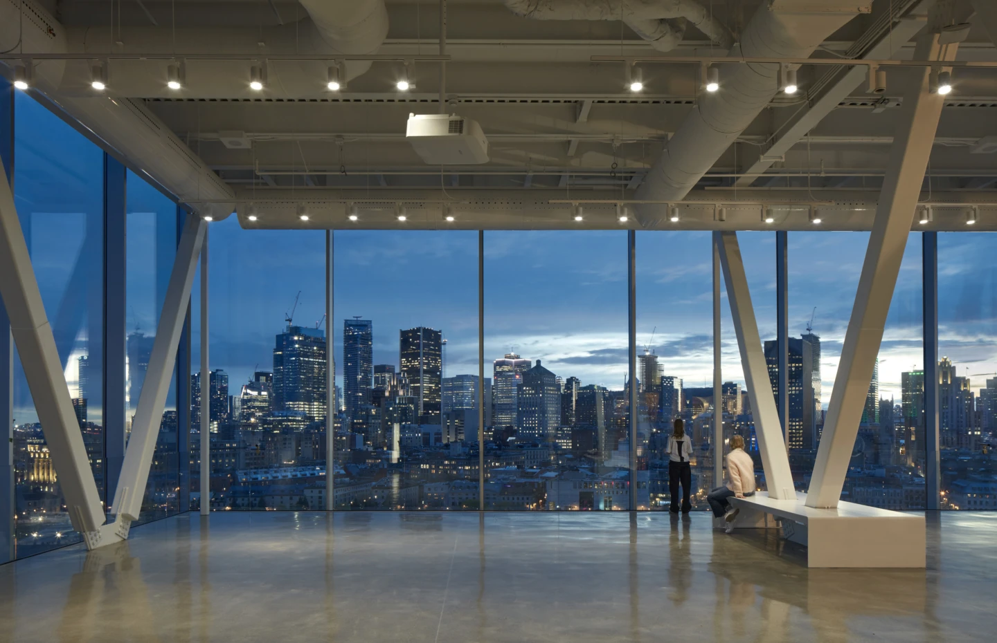 Interior of the Port of Montréal Tower, view of the city at night