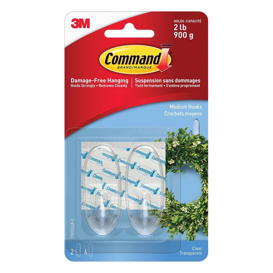 3M Command™ Adhesive Hooks - 2 Medium Hooks with 4 Strips, Holds 2lb, Clear