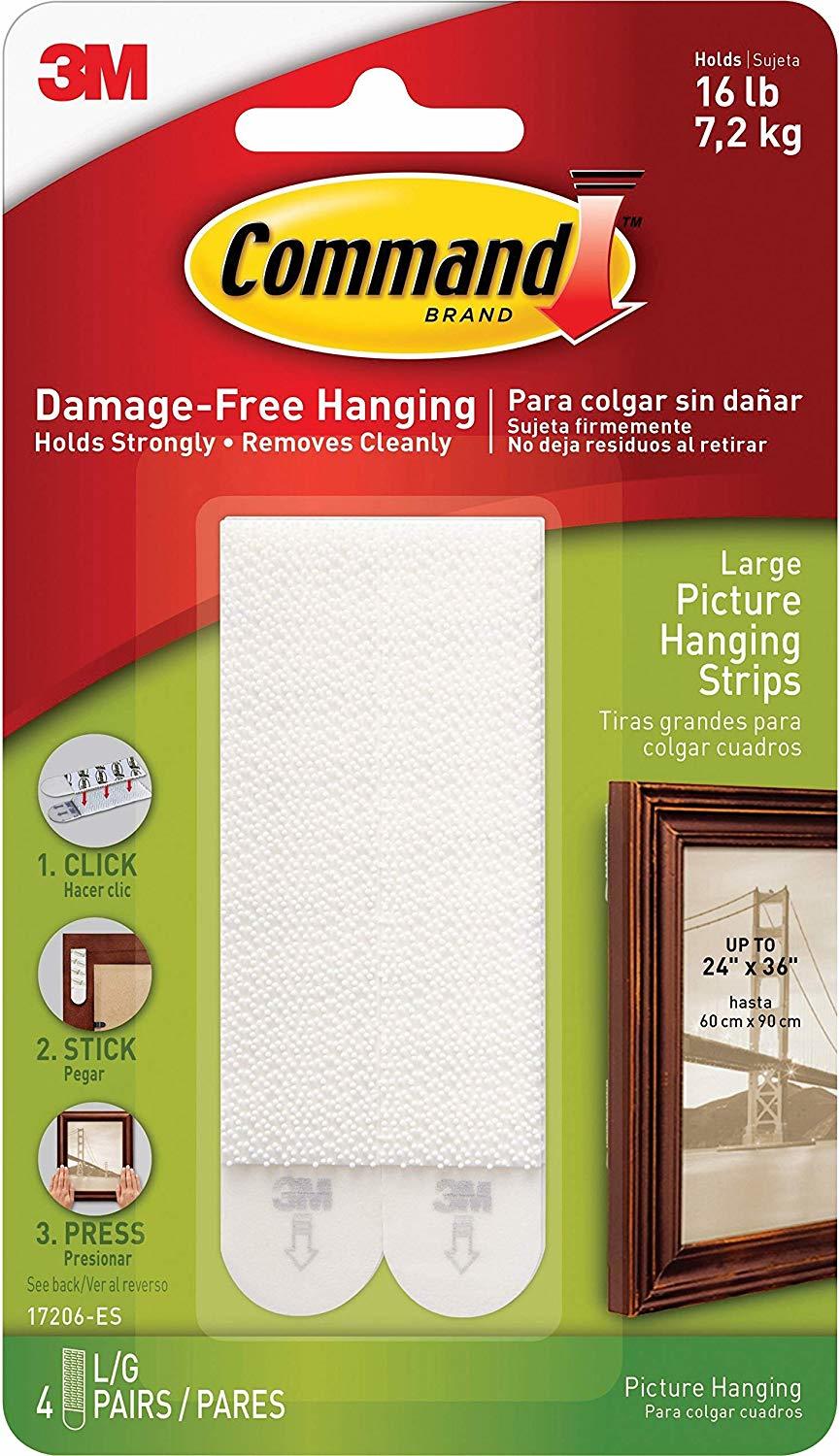 Command™ Picture Hanging Strips, Large, White, Holds 16 lbs, 4/Pack