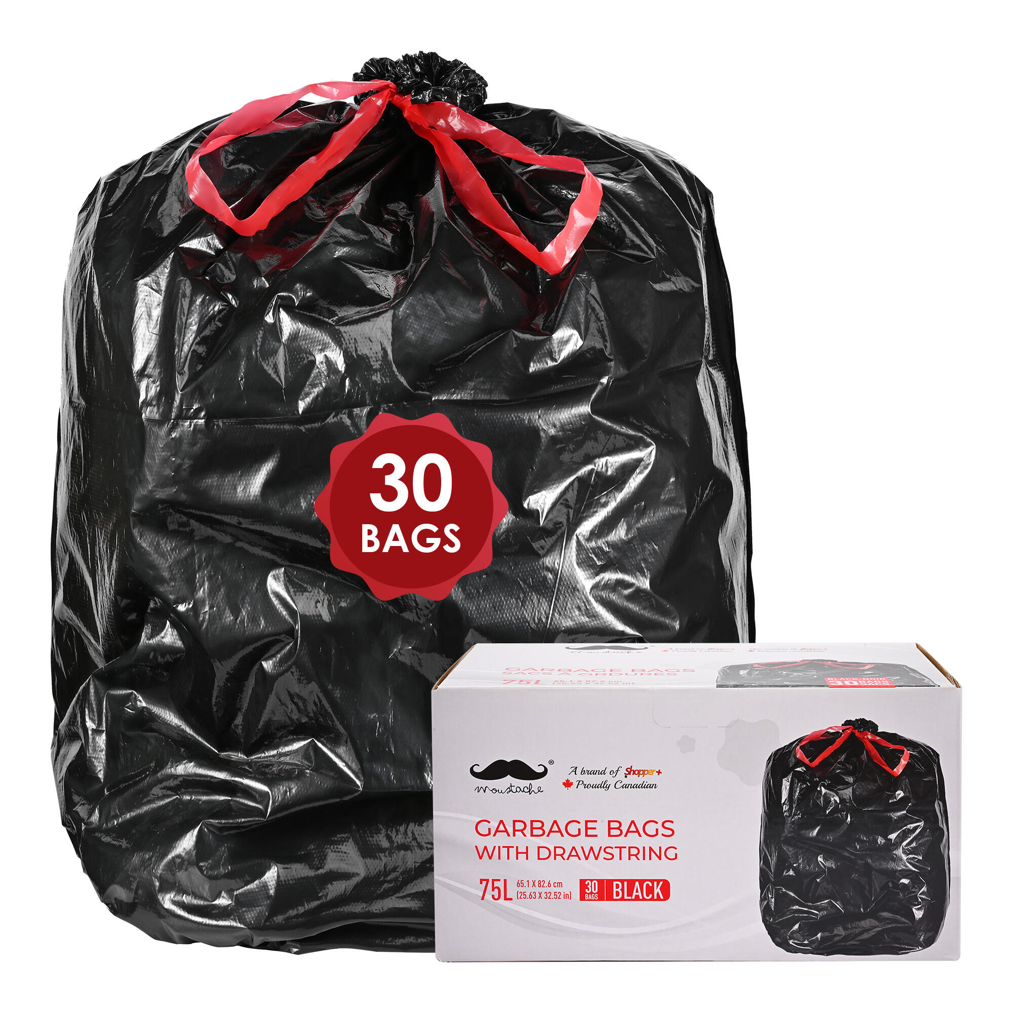 Ultra Strong Large Garbage Bag with Drawstring, 75L, 90L & 135L, 30 Bags/Pack, Black - Moustache®