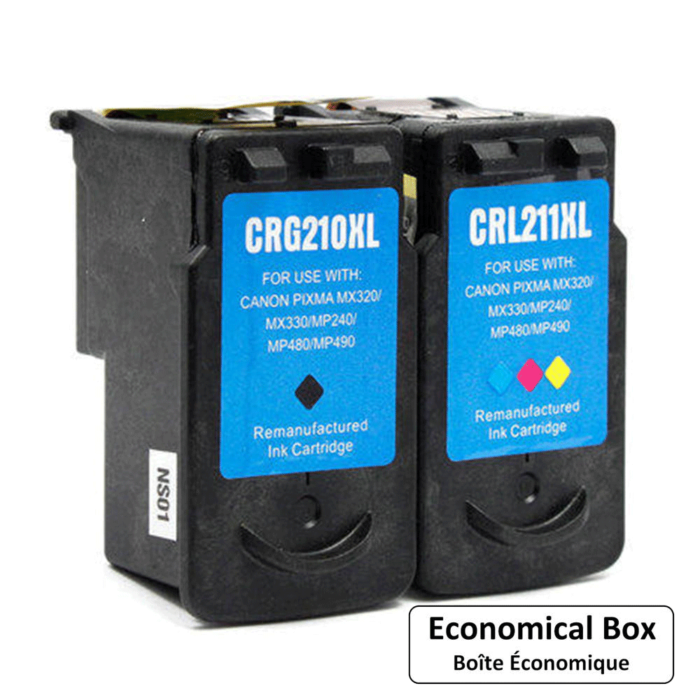 Canon PG210XL CL211XL Remanufactured Black and Color Ink Cartridge Combo - Economical Box