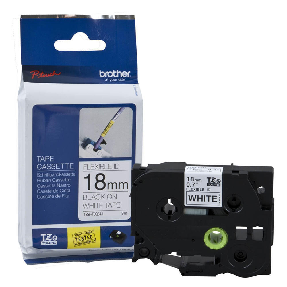 Brother TZe-FX241 Original P-Touch Label Tape, 18mm (0.7''), Black on White, Flexible ID