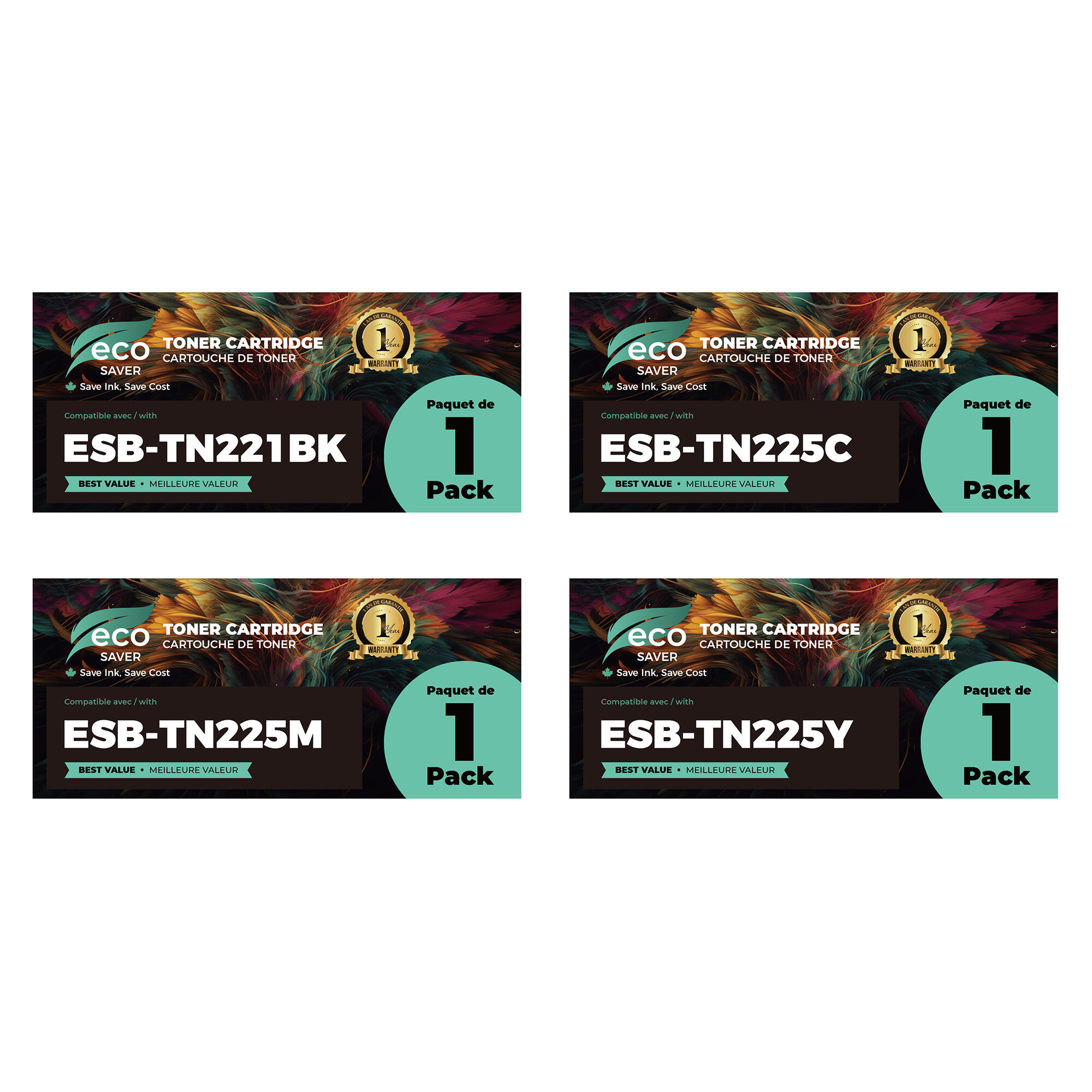 Brother TN221 TN225 Compatible Toner Cartridge Combo BK/C/M/Y - Eco-saver