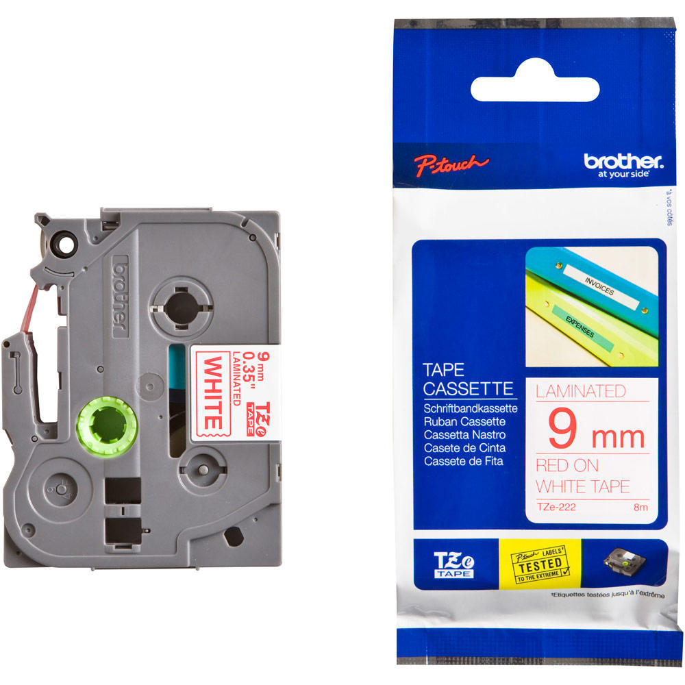 Brother TZe-222 Original Label Tape, 9mm (0.35''), Red on White