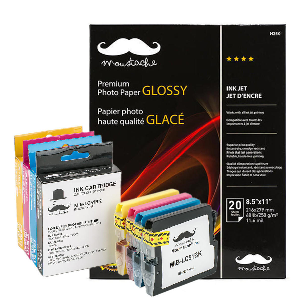 Brother LC51 Compatible Ink Cartridge Combo with Photo Paper Glossy - Moustache®