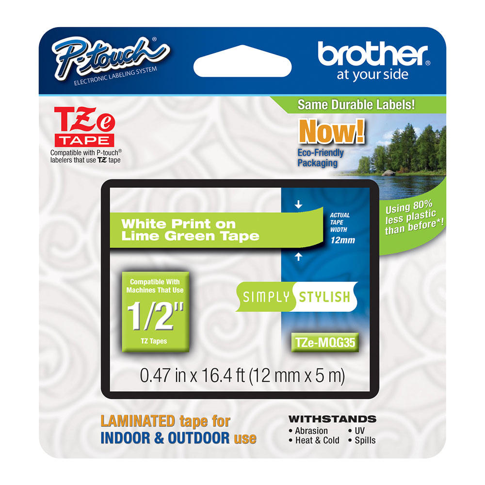 Brother TZe-MQG35 Original Label Tape, 12mm (0.47"), White on Lime Green